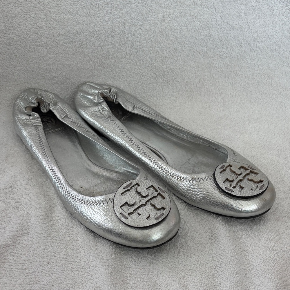 Tory Burch Silver Metallic Reva Ballet Flats 10